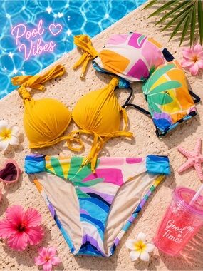 Yellow & Multicolor Tropical Print Bikini Set